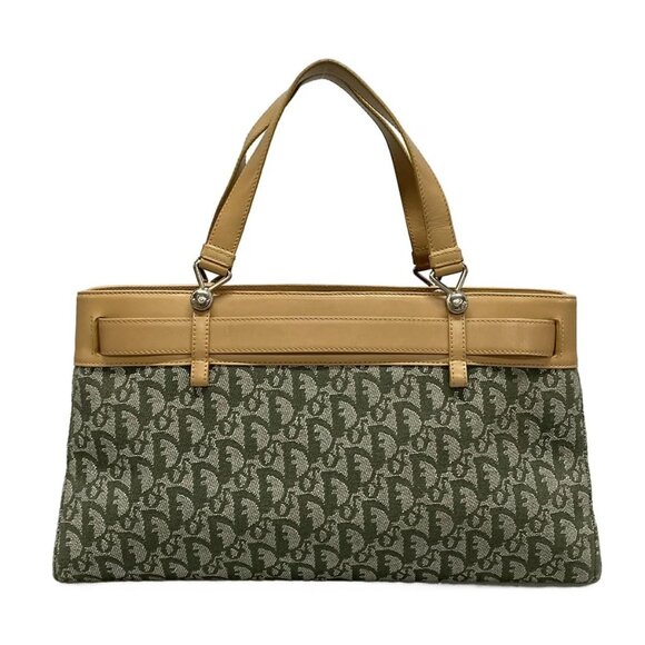 Auth DIOR/ChristianDior Trotteur Khaki Cream Beige Jacquard Leather Tote Bag - Picture 2 of 16